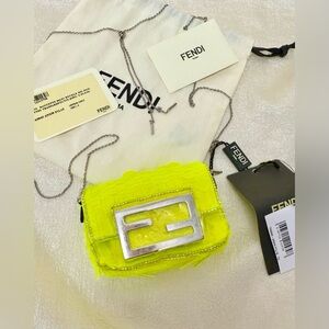 Auth Fendi Fluorescent Yellow Sequin Nano Baguette Charm Chain Mini Bag